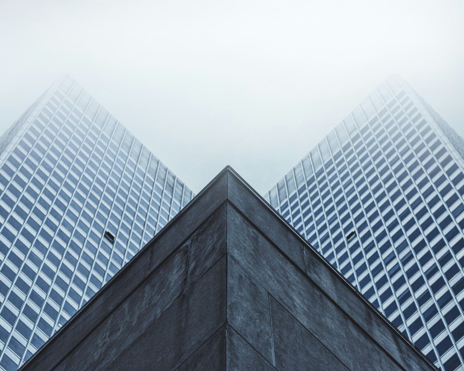 Two corporate office towers seen from street level, converging into a soft overcast sky.